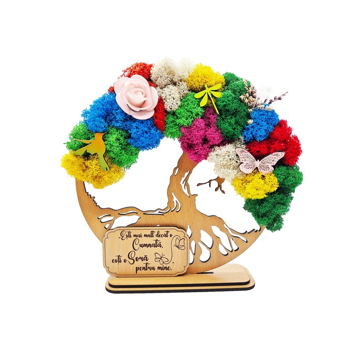 Tablou Decorativ -Copacul Vietii cu Licheni stabilizati si accente decorative - Cu mesaj standard pentru Cumnata " Esti mai mult decat o Cumnata, esti o Sora pentru mine. "dimensiune 20 cm, culoare bej deschis