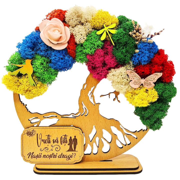 Cadou pentru Nasi – Copacul Vietii cu Licheni Naturali Stabilizati, MDF, 20 cm, Fag, mesaj Vreti sa fiti nasii