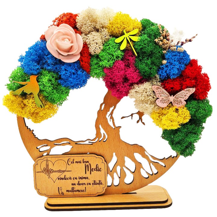 Cadou pentru Medic – Copacul Vietii cu Licheni Naturali Stabilizati, MDF, 20 cm, Fag, mesaj Cel mai bun medic