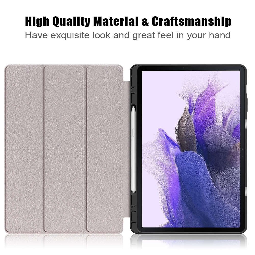 Husa tableta compatibila cu Samsung Galaxy Tab S7 FE 12.4 inch, piele TPU pictata, cu suport 3 pliuri si functie de somn/trezire, floare de caisa
