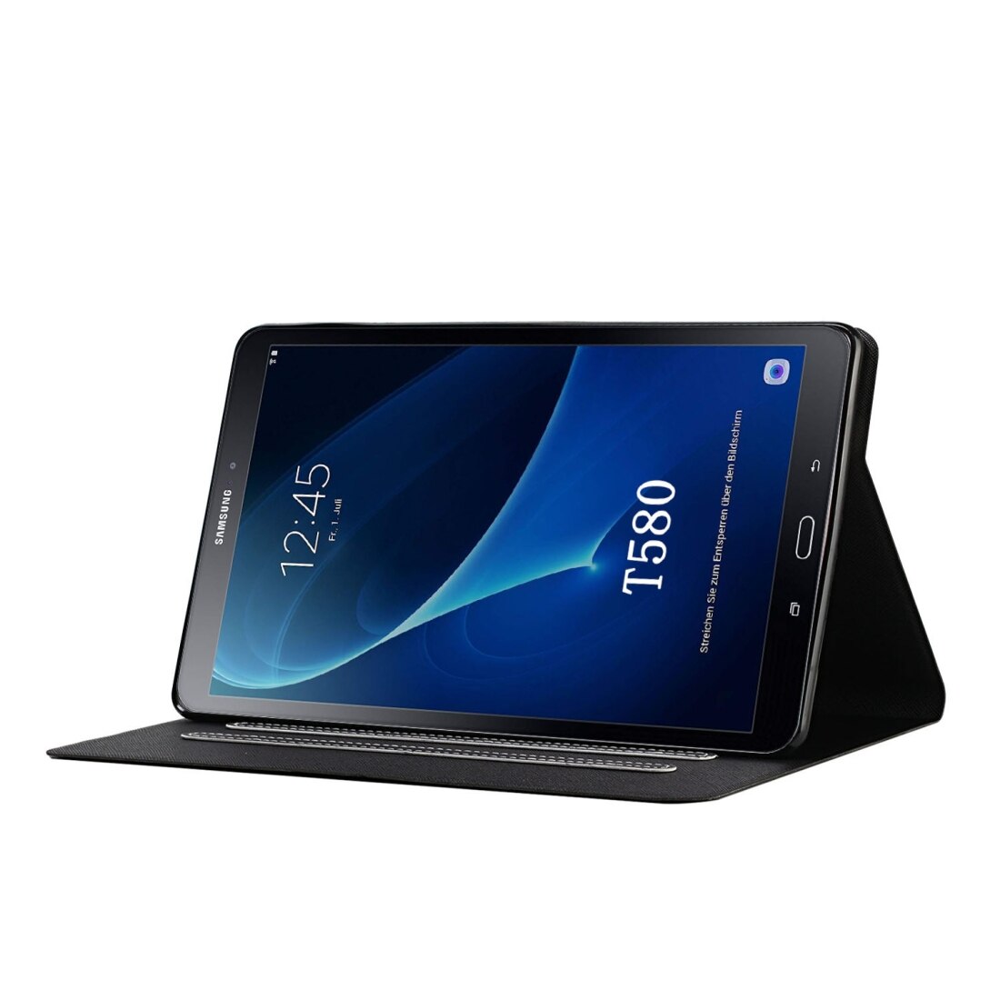Husa tableta compatibila cu Samsung Galaxy Tab A 10.1 T580/T585, 2016, piele orizontala flip, cu sloturi pentru carduri si suport, functie auto Sleep/Wake, Negru