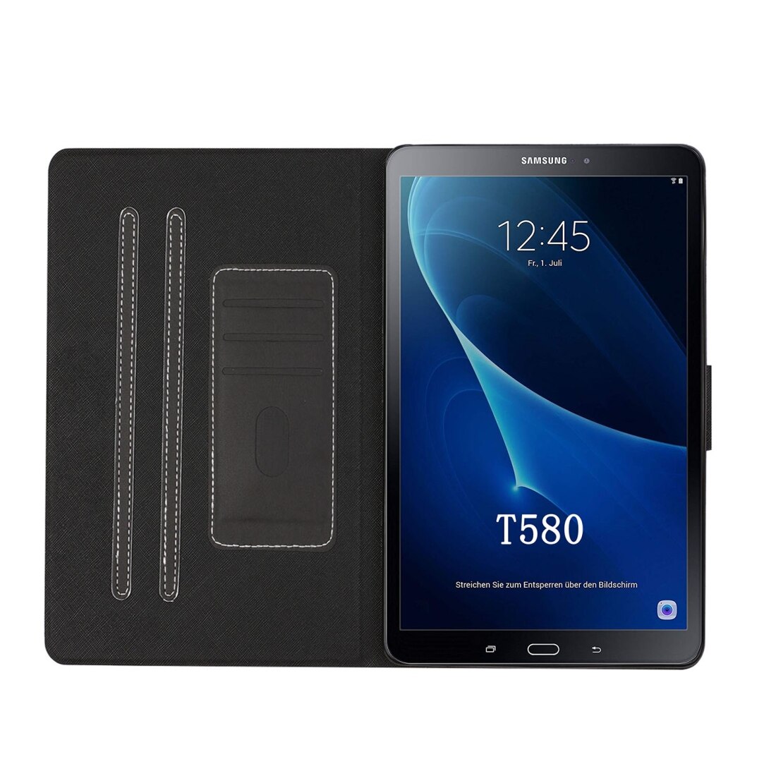 Husa tableta compatibila cu Samsung Galaxy Tab A 10.1 T580/T585, 2016, piele orizontala flip, cu sloturi pentru carduri si suport, functie auto Sleep/Wake, Negru