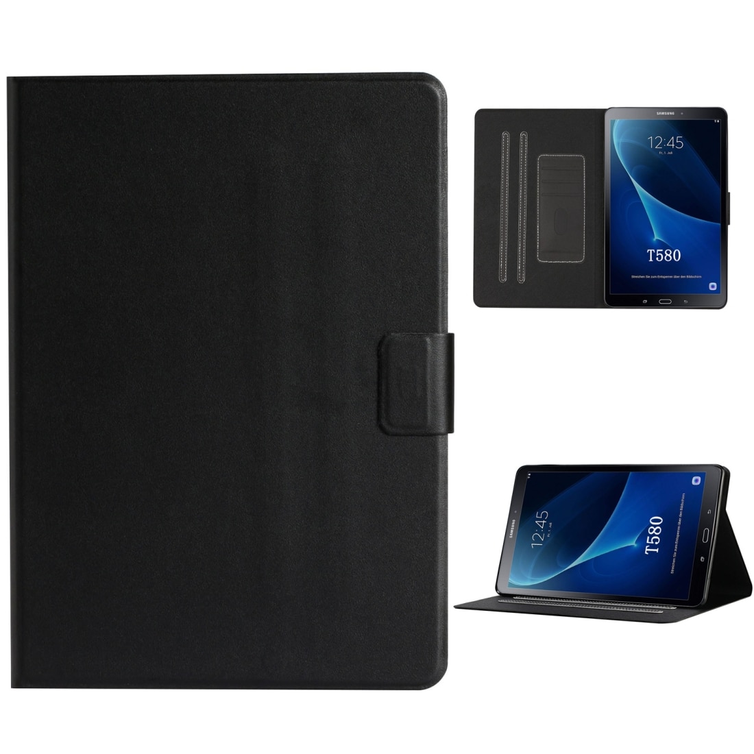 Husa tableta compatibila cu Samsung Galaxy Tab A 10.1 T580/T585, 2016, piele orizontala flip, cu sloturi pentru carduri si suport, functie auto Sleep/Wake, Negru