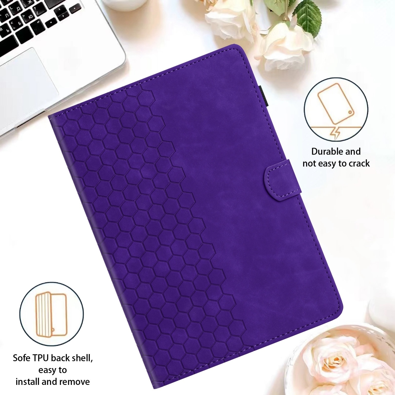 Husa tableta compatibila cu Samsung Galaxy Tab A9, piele gravata cu model de faguri, smart, mov