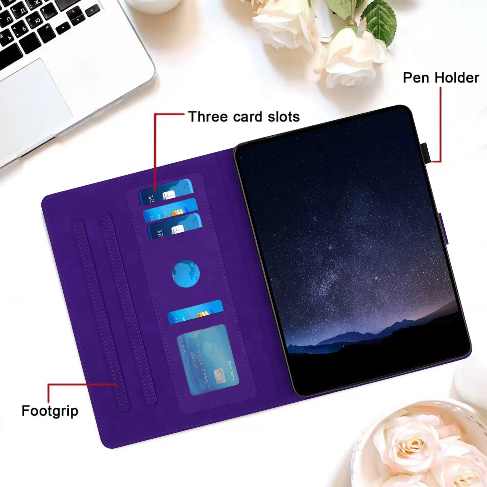 Husa tableta compatibila cu Samsung Galaxy Tab A9, piele gravata cu model de faguri, smart, mov