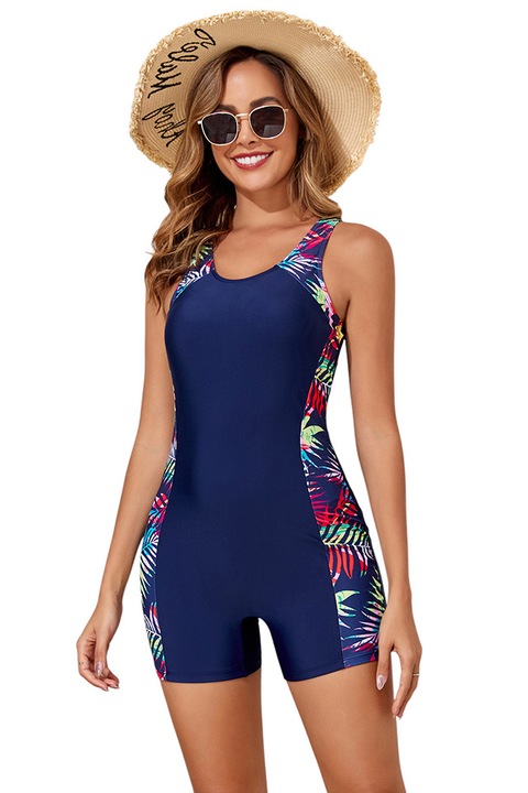 Costum de baie, o piesa, model sport confortabil cu imprimeu floral, bretele fixe si pantaloni scurti, tematica my summer dream, EFAYN, Albastru
