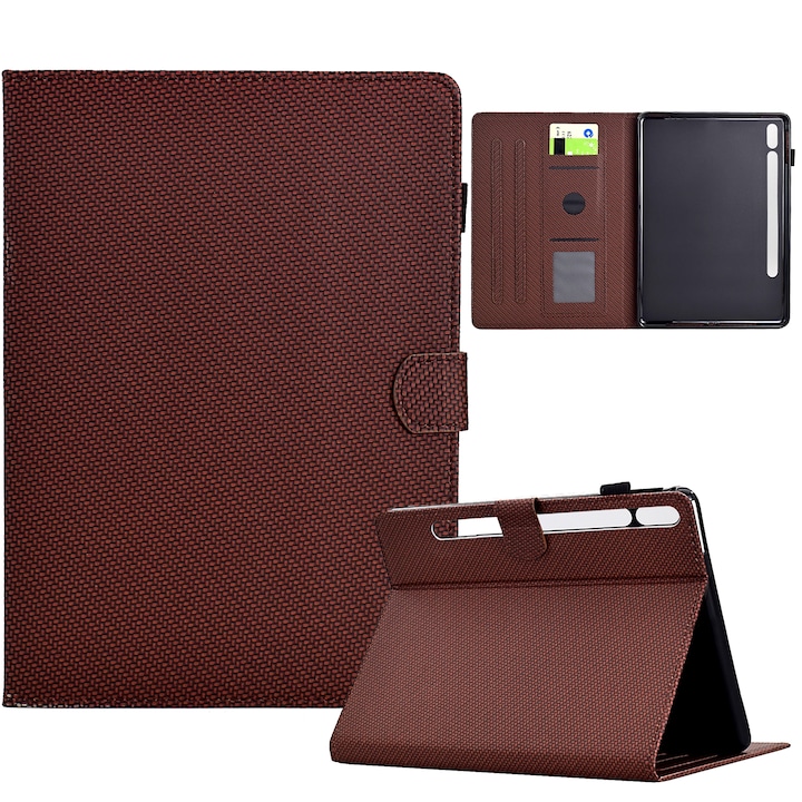 Husa tableta compatibila cu Samsung Galaxy Tab S7/S8, textura fibra, piele, inteligenta, maro