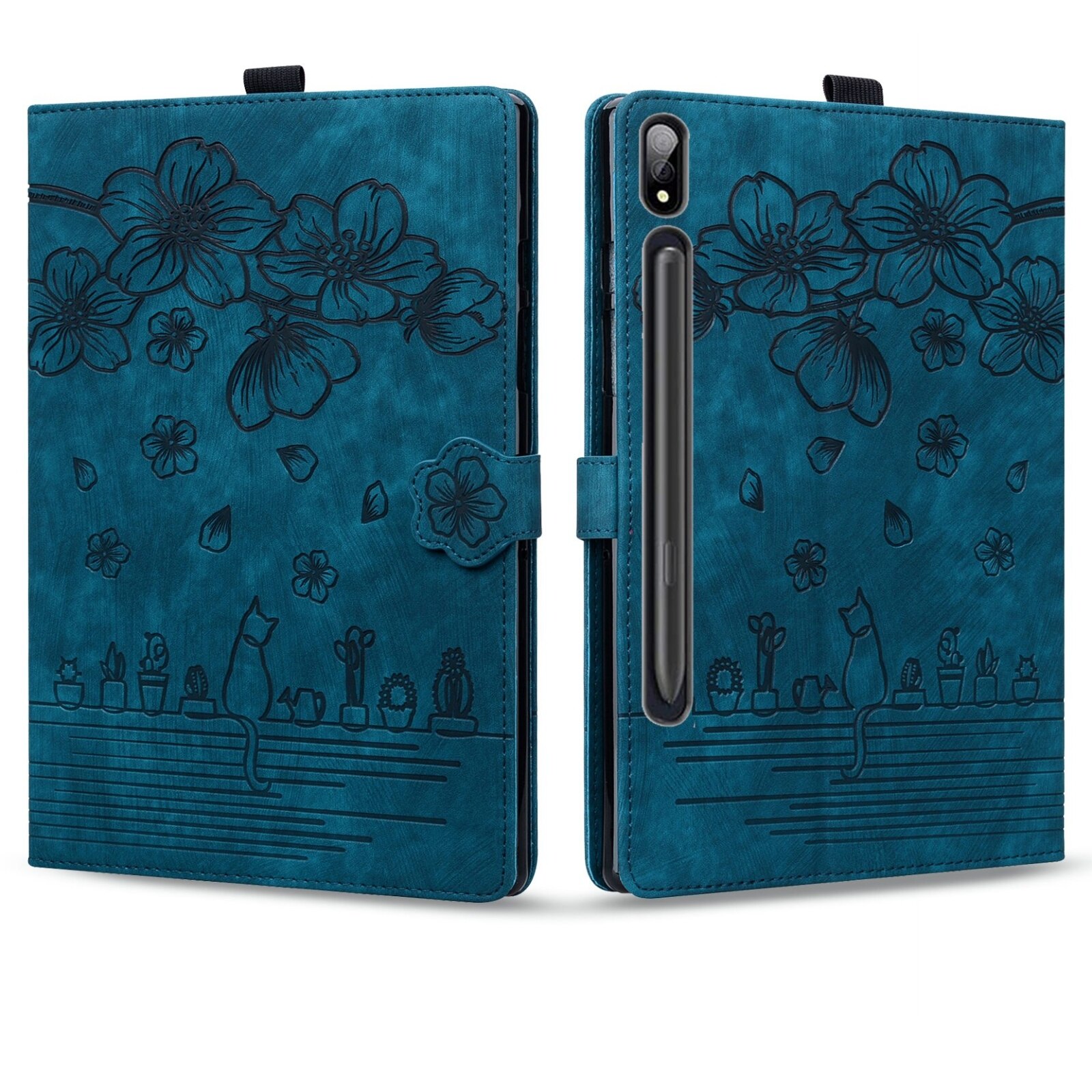 Husa tableta compatibila cu Samsung Galaxy Tab S9+, piele inteligenta gravata cu pisici si flori de cires, albastru