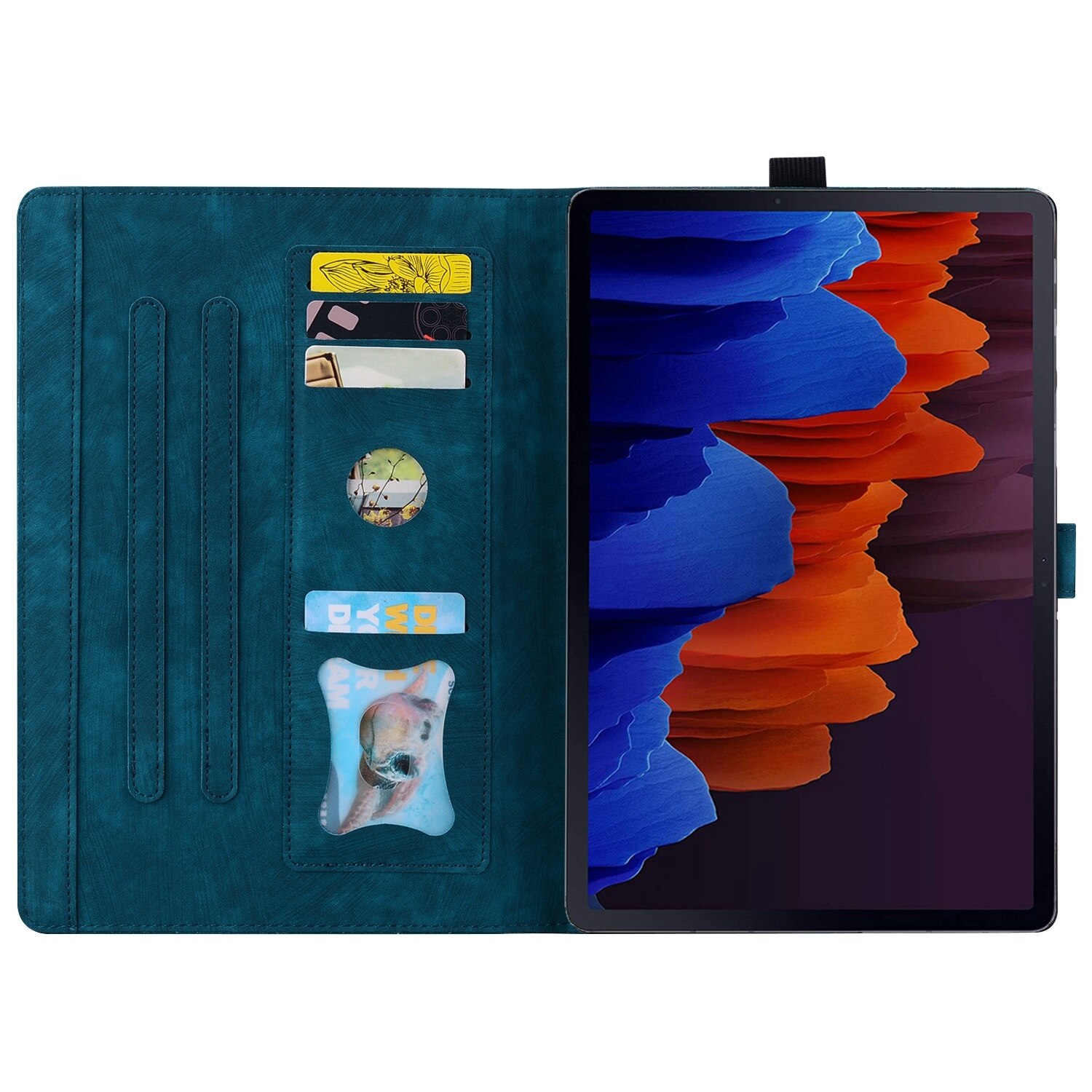 Husa tableta compatibila cu Samsung Galaxy Tab S9+, piele inteligenta gravata cu pisici si flori de cires, albastru