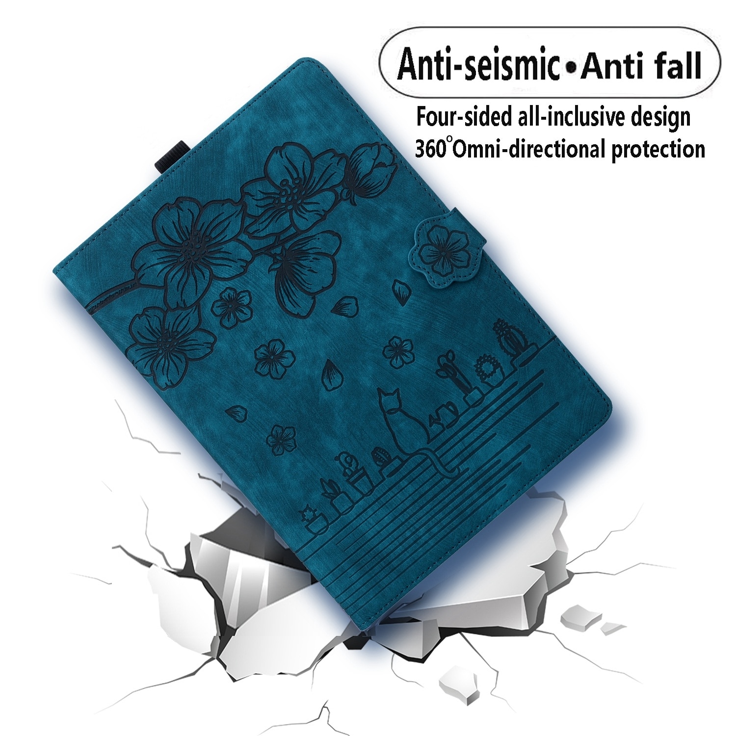 Husa tableta compatibila cu Samsung Galaxy Tab S9+, piele inteligenta gravata cu pisici si flori de cires, albastru