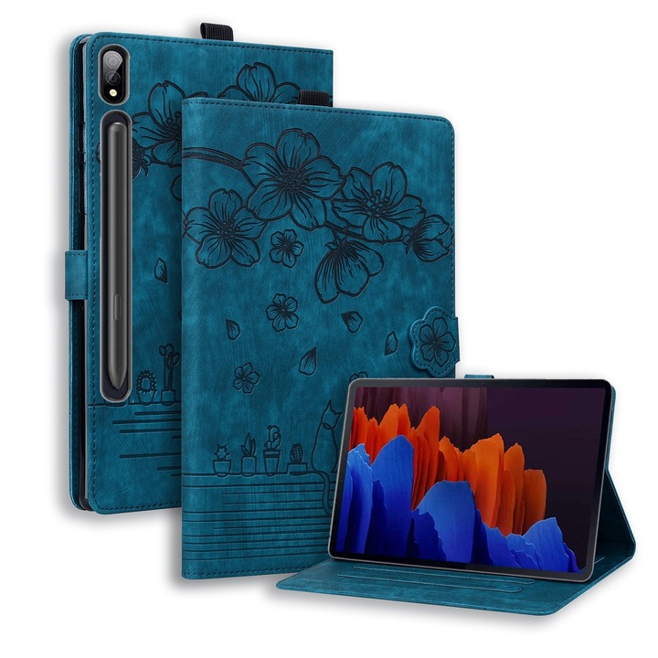 Husa tableta compatibila cu Samsung Galaxy Tab S9, piele inteligenta cu model de pisica Sakura gravat, albastru