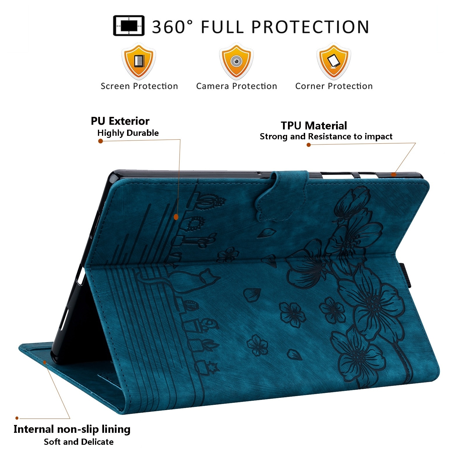 Husa tableta compatibila cu Samsung Galaxy Tab S9+, piele inteligenta gravata cu pisici si flori de cires, albastru