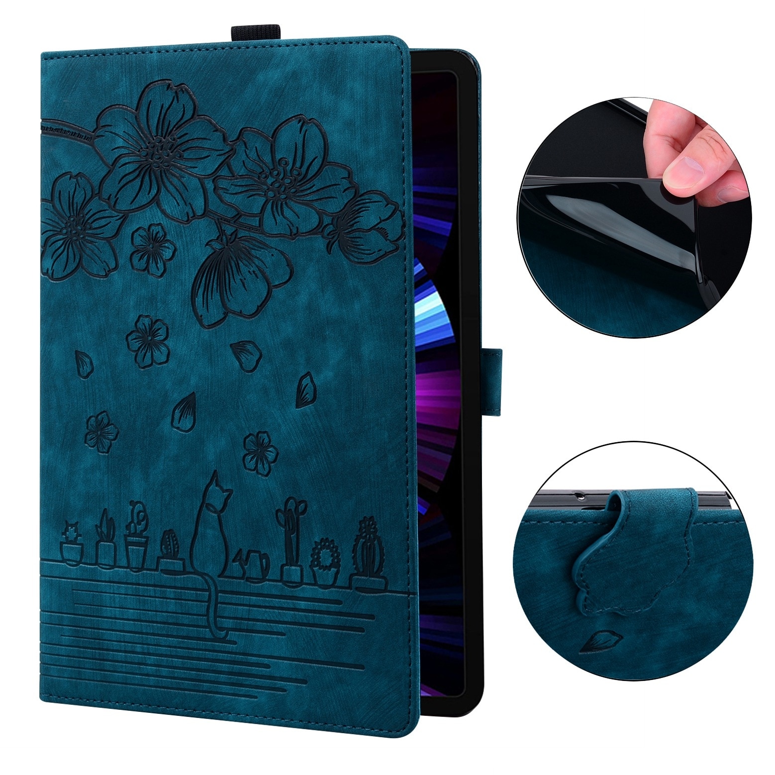 Husa tableta compatibila cu Samsung Galaxy Tab S9+, piele inteligenta gravata cu pisici si flori de cires, albastru