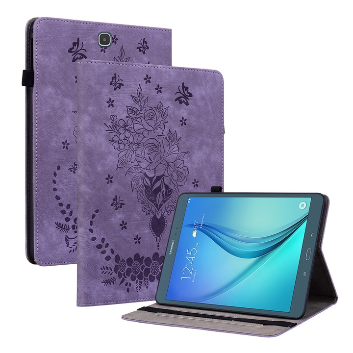 Husa tableta compatibila cu Samsung Galaxy Tab A 9.7 T550 T555, din piele gravata cu fluturi si trandafiri, violet