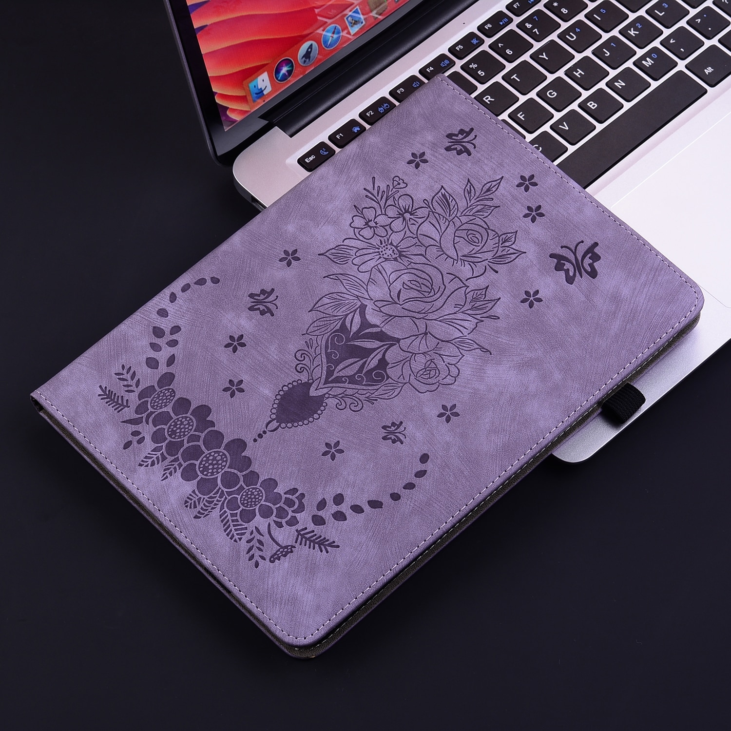 Husa tableta compatibila cu Samsung Galaxy Tab A 9.7 T550 T555, din piele gravata cu fluturi si trandafiri, violet