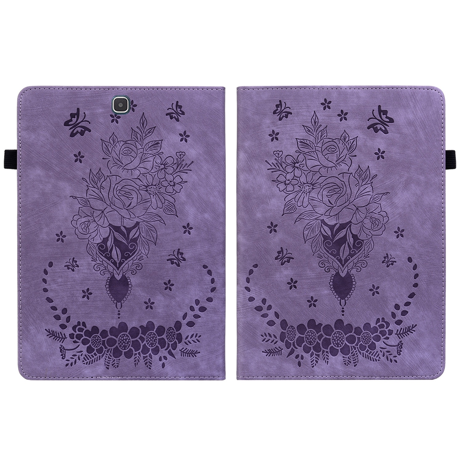 Husa tableta compatibila cu Samsung Galaxy Tab A 9.7 T550 T555, din piele gravata cu fluturi si trandafiri, violet