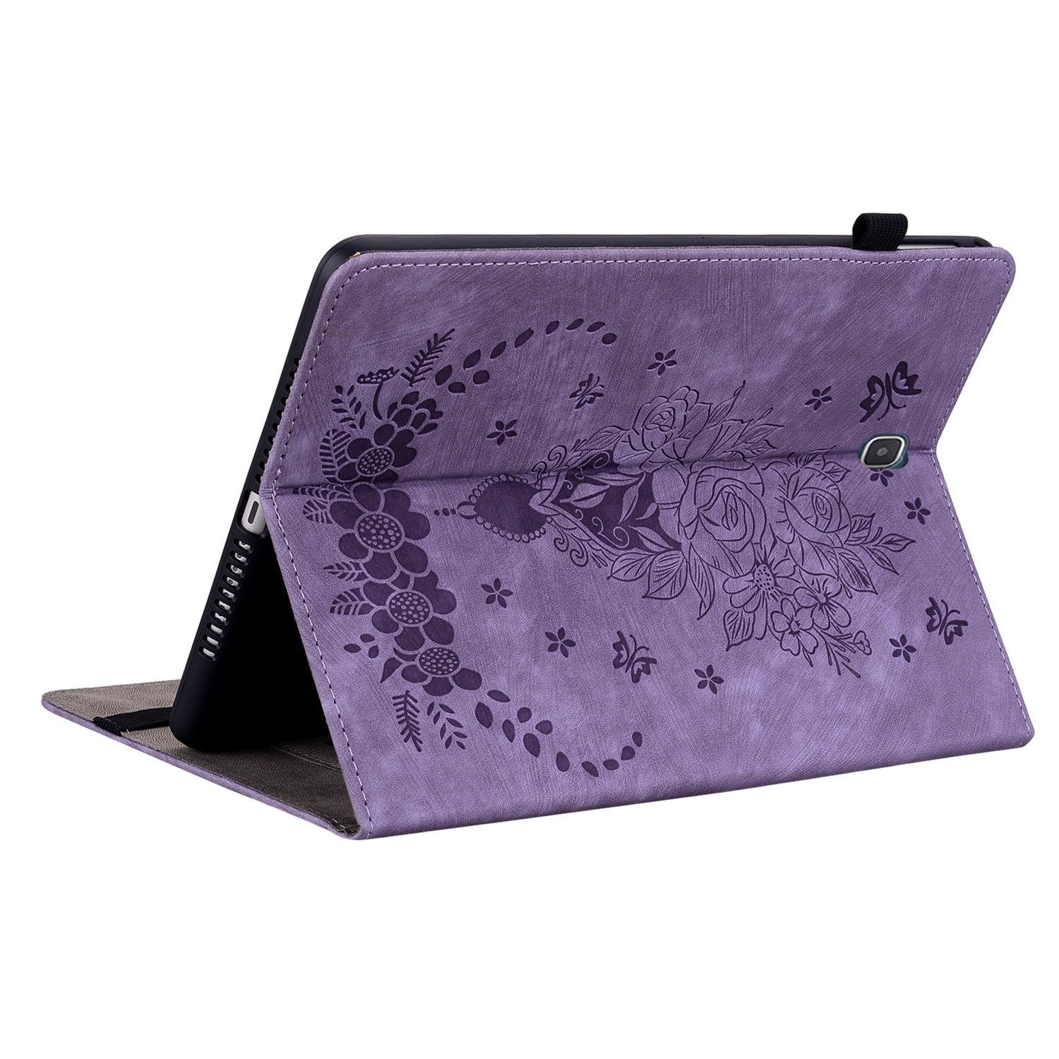 Husa tableta compatibila cu Samsung Galaxy Tab A 9.7 T550 T555, din piele gravata cu fluturi si trandafiri, violet