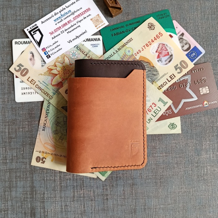 Portofel din piele pentru barbati, maro si maro inchis