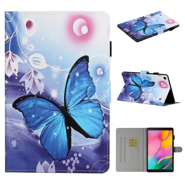Husa tableta compatibila cu Samsung Galaxy Tab A 10.1, 2019 T515 / T510, piele PU cu desen colorat si suport pentru carduri, albastru cu fluture