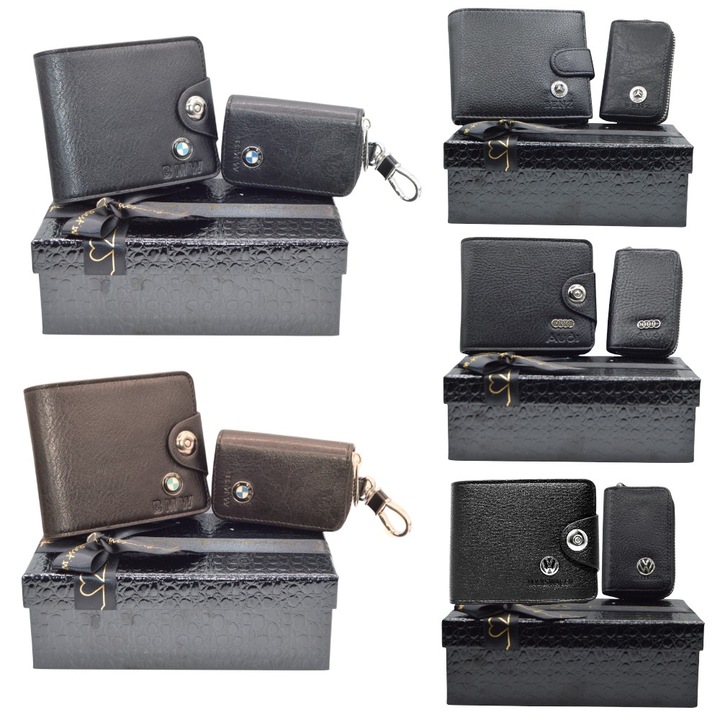 Set portofel cu sigla auto, husa chei, maro/negru, cutie cadou