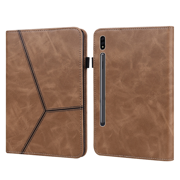 Husa tableta compatibila cu Samsung Galaxy Tab S7+ T970 / S7 FE T730, piele embosata cu dungi, maro