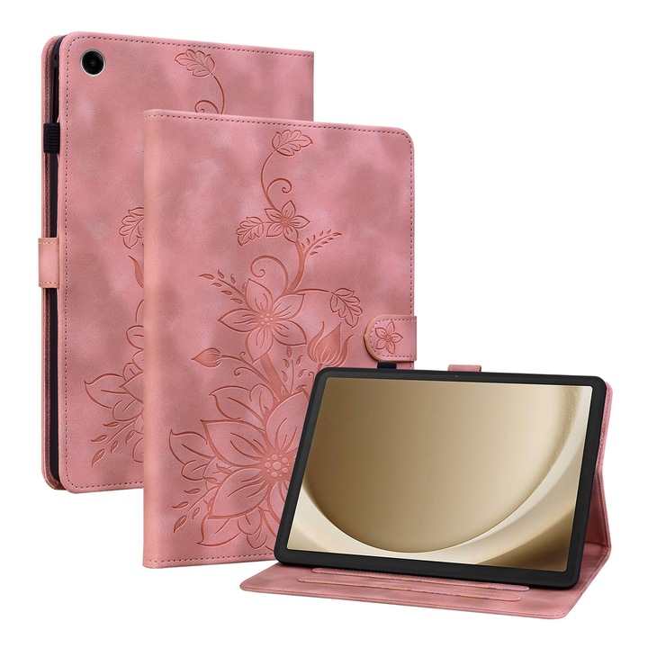 Husa tableta compatibila cu Samsung Galaxy Tab A9+, piele gravata cu model de crin, roz