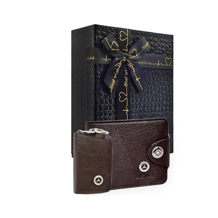 Комплект портфейли с лого на Mercedes, кутия за ключове, подаръчна кутия, кафяво