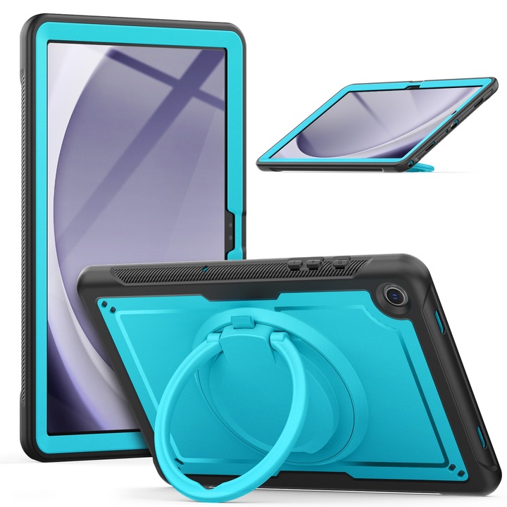 Husa tableta compatibila cu Samsung Galaxy Tab A9+, hibrid cu model hexagonal, cu manere, bretea, Albastru deschis
