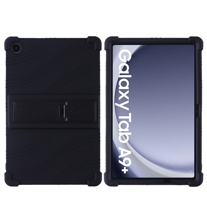 Samsung Galaxy Tab A9 kompatibilis táblagép tok, ütésálló szilikon, állvánnyal, fekete