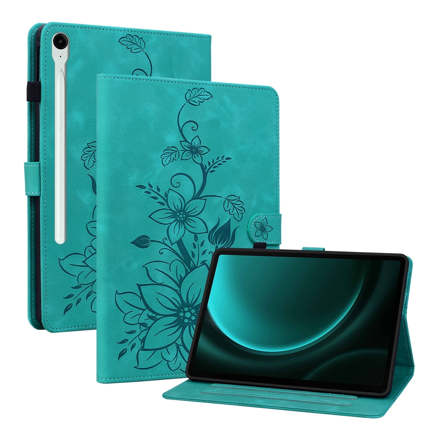 Husa tableta compatibila cu Samsung Galaxy Tab S9 / S9 FE, piele gravata cu linii de crini, verde