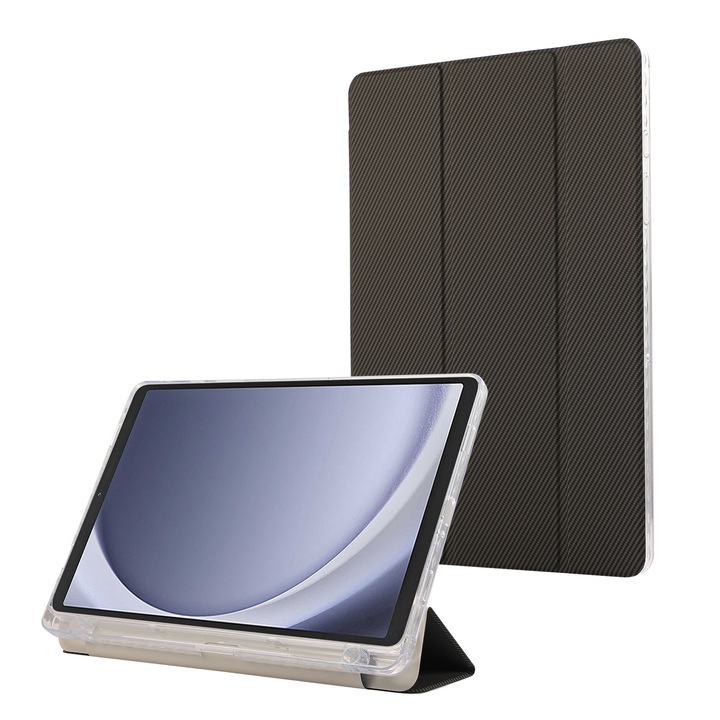 Husa tableta compatibila cu Samsung Galaxy Tab A9, fibra de carbon, acril transparent, cu 3 pliuri, gri