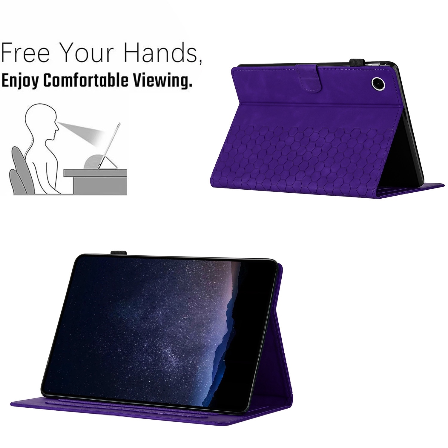 Husa tableta compatibila cu Samsung Galaxy Tab A9, piele gravata cu model de faguri, smart, mov