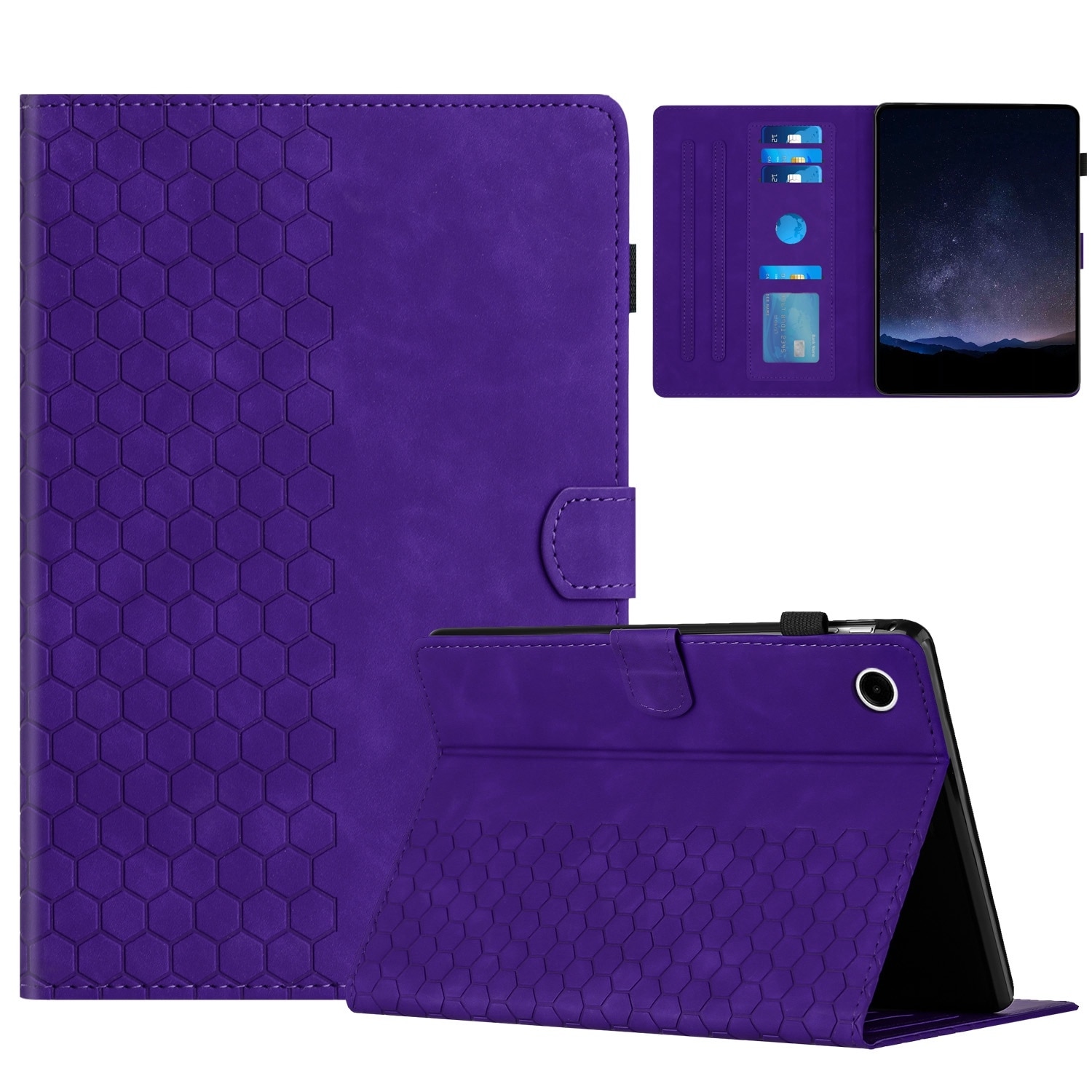 Husa tableta compatibila cu Samsung Galaxy Tab A9, piele gravata cu model de faguri, smart, mov