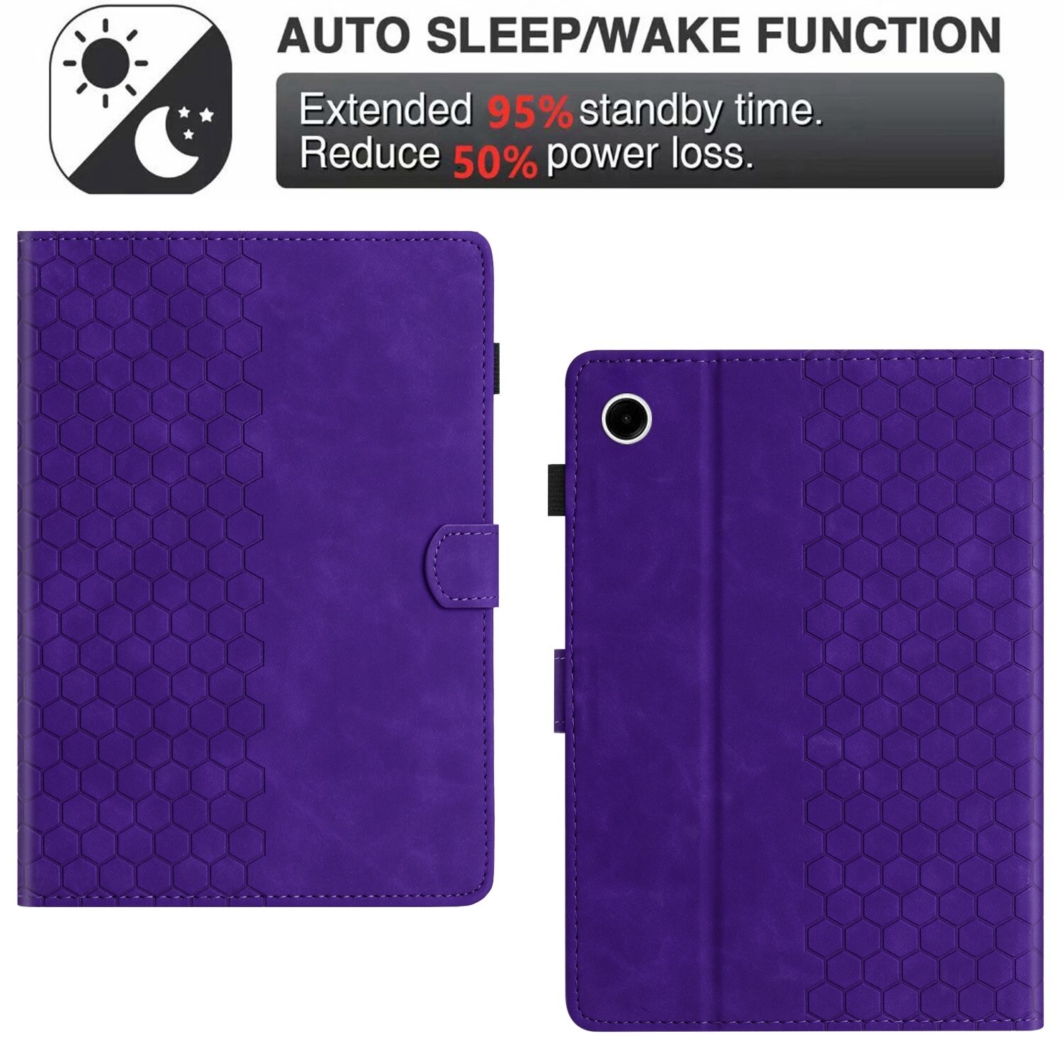 Husa tableta compatibila cu Samsung Galaxy Tab A9, piele gravata cu model de faguri, smart, mov