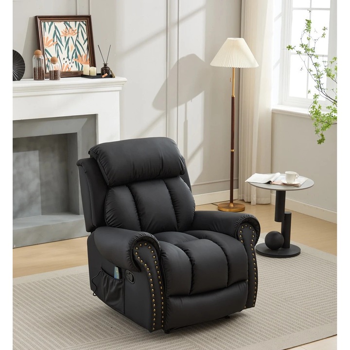 Fotoliu Masaj si Incalzire, Recliner, suport picioare extensibil, Air PU Premium, Negru