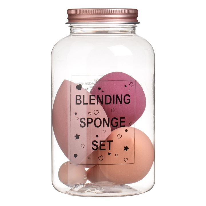 Set bureti machiaj in borcan transparent cu capac roz ø8x13.5cm - 6 piese
