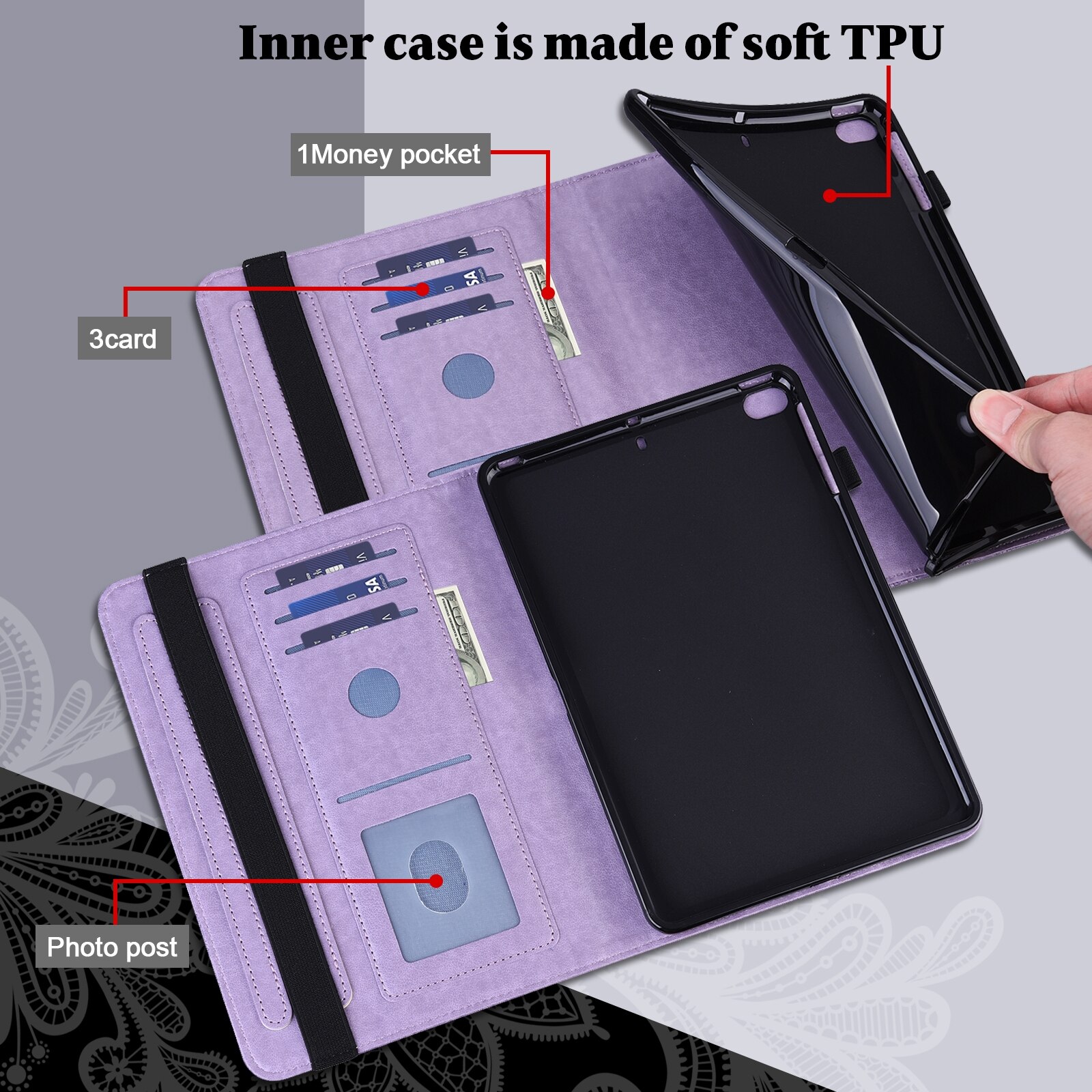 Husa tableta pentru Lenovo Tab M9, piele cu model floral embosat, tip carte cu suport, inchidere magnetica, violet