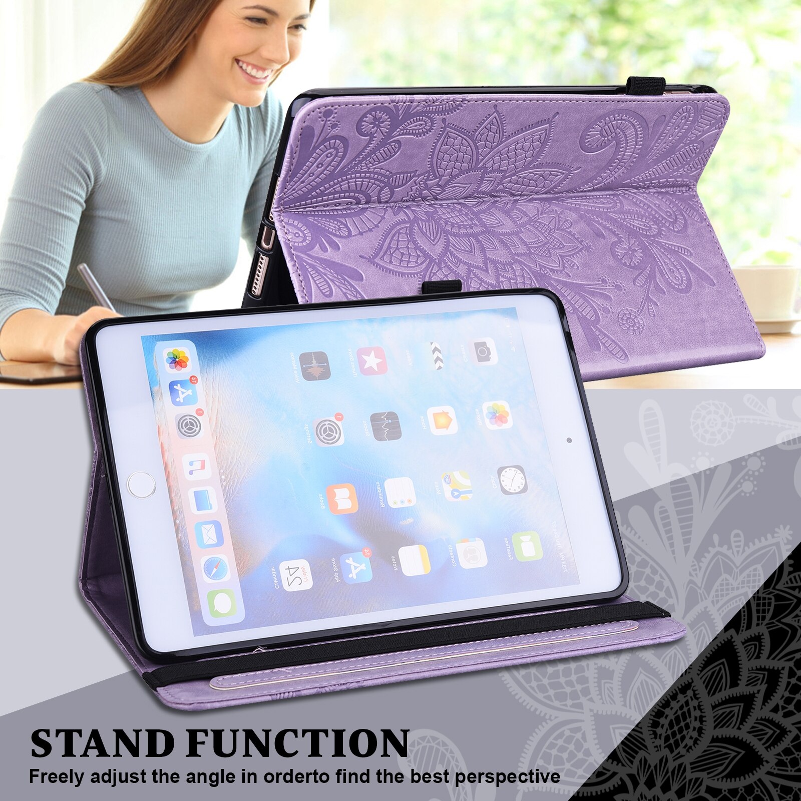 Husa tableta pentru Lenovo Tab M9, piele cu model floral embosat, tip carte cu suport, inchidere magnetica, violet