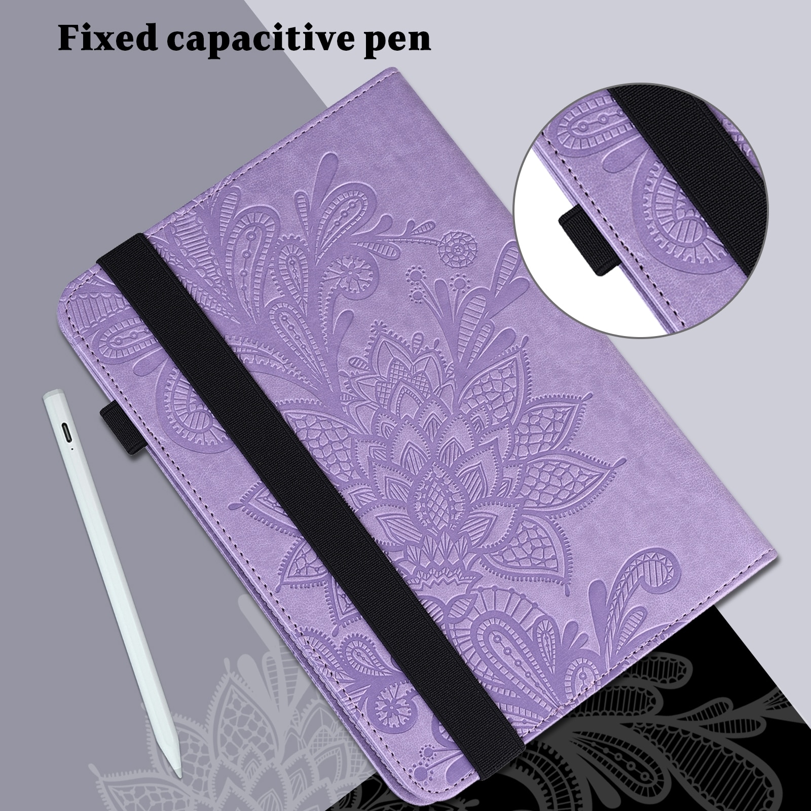 Husa tableta pentru Lenovo Tab M9, piele cu model floral embosat, tip carte cu suport, inchidere magnetica, violet