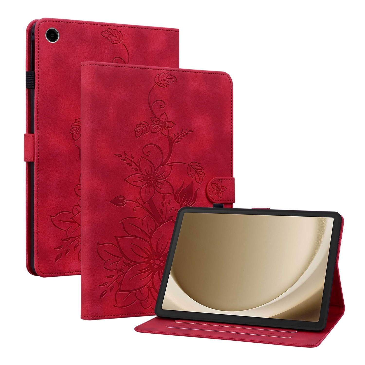 Husa tableta compatibila cu Samsung Galaxy Tab A9+, din piele cu model floral gravat, rosu