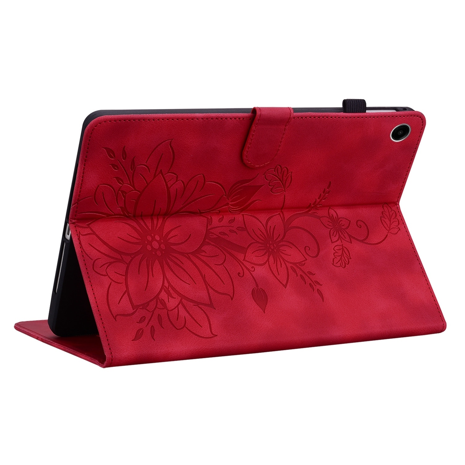 Husa tableta compatibila cu Samsung Galaxy Tab A9+, din piele cu model floral gravat, rosu
