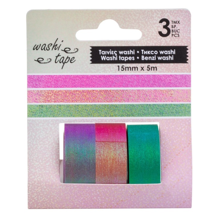 Set Benzi Adezive Colorate Metalizate cu Glitter Holografic 5mx1.5cm - 3buc