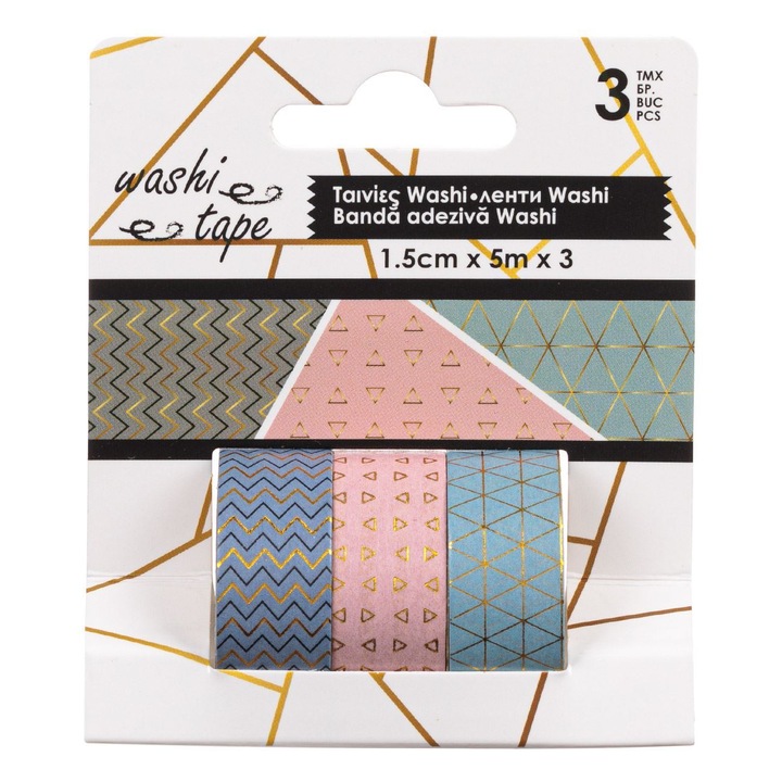Banda Washi Tape 3 Forme Geometrice Foil Auriu 5m x 1.5cm - 3buc