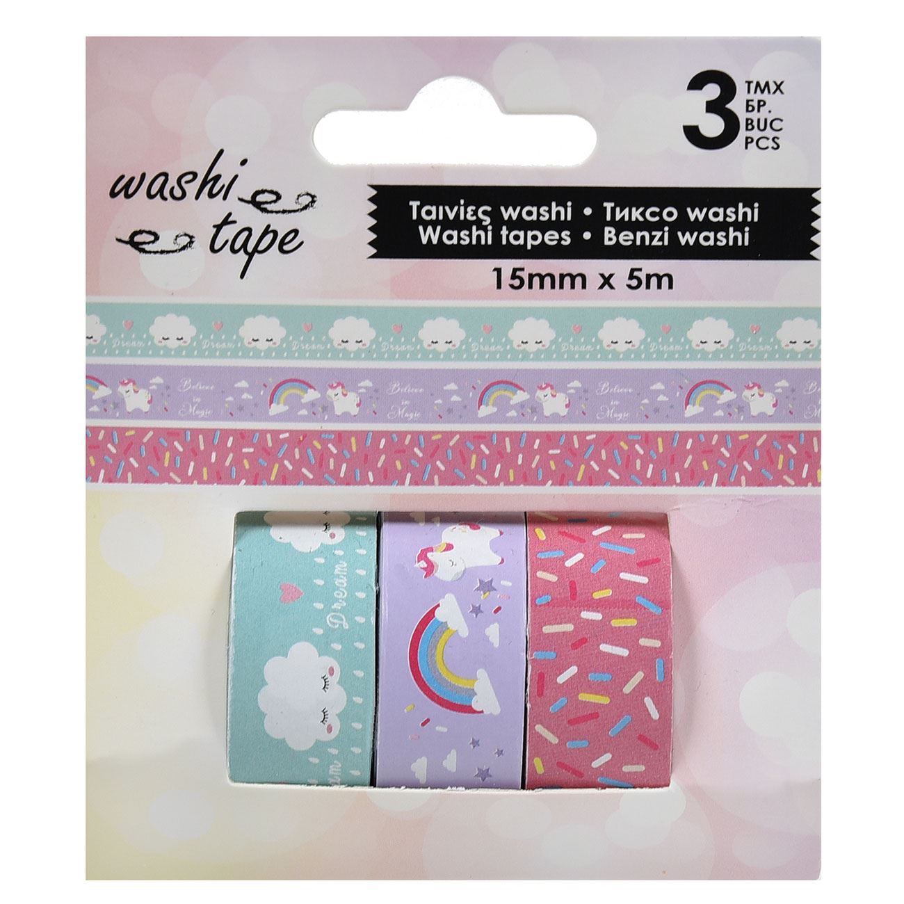 Benzi Adezive Washi Tape Curcubeu Nori Confetti 5mx1.5cm - 3buc
