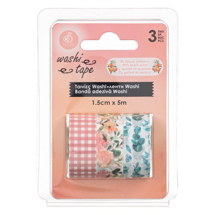 Banda Washi Tape cu Aroma de Piersici Carouri Flori 5m x 1.5cm - 3buc
