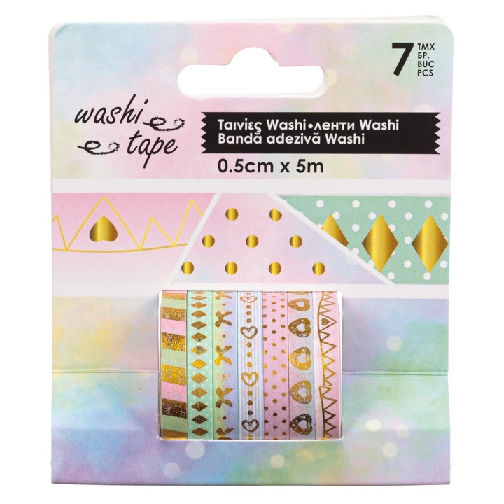 Banda Washi Tape Culori Pastel Foil Auriu Diverse Modele 5m x 0.5cm- 7buc