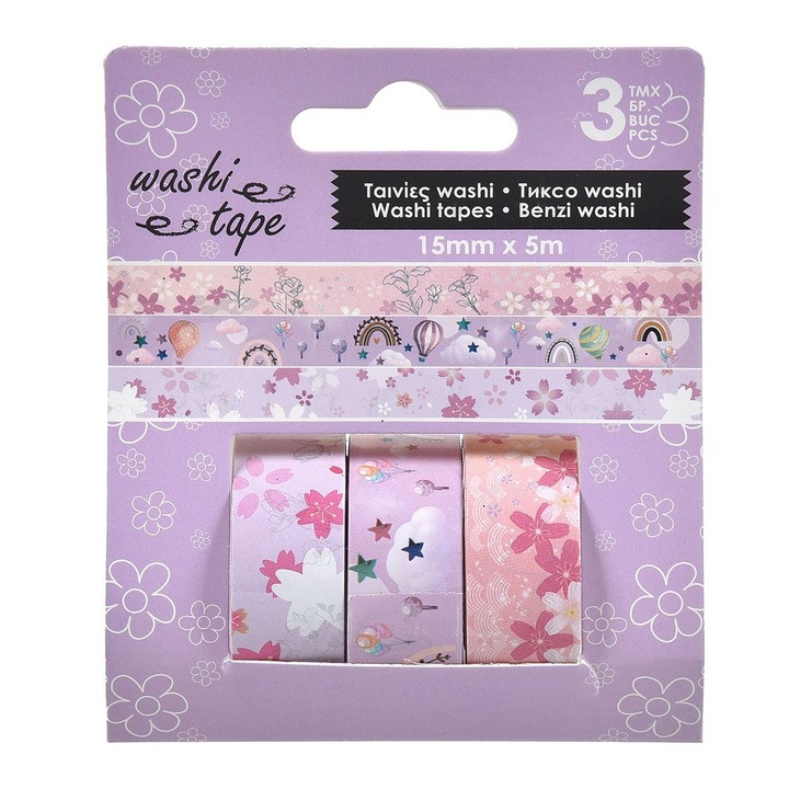 Benzi Adezive Washi Tape Roz Lila Flori Nori 5mx1.5cm - 3buc