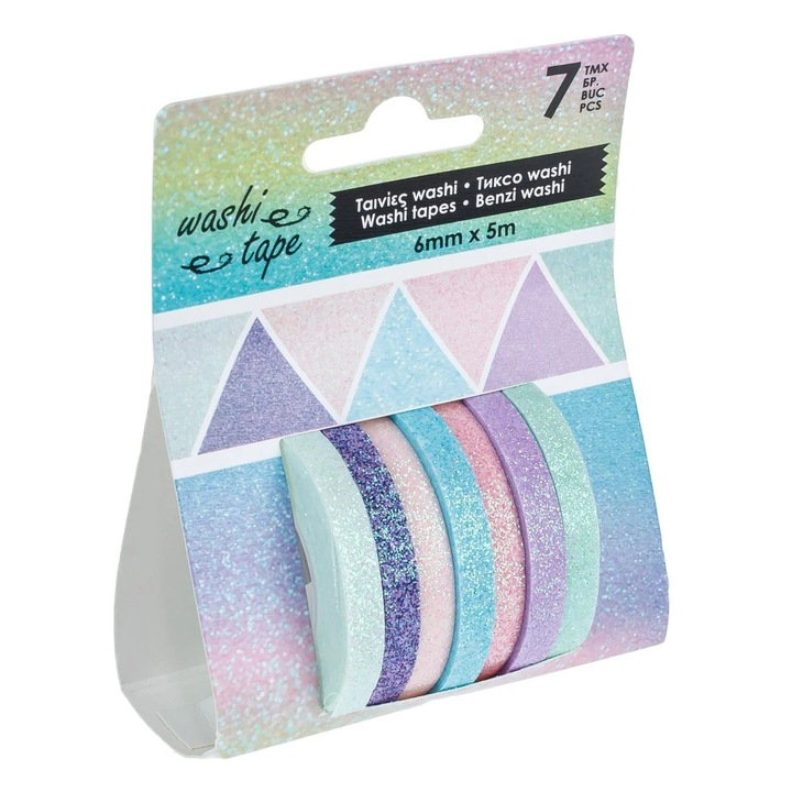 Banda Washi Tape Color cu Glitter 5mx0.6cm - 7buc
