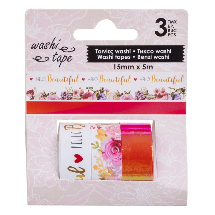 Set benzi adezive rosie floral metalizate imprimeu din folie aurie 5mx1.5cm - 3buc