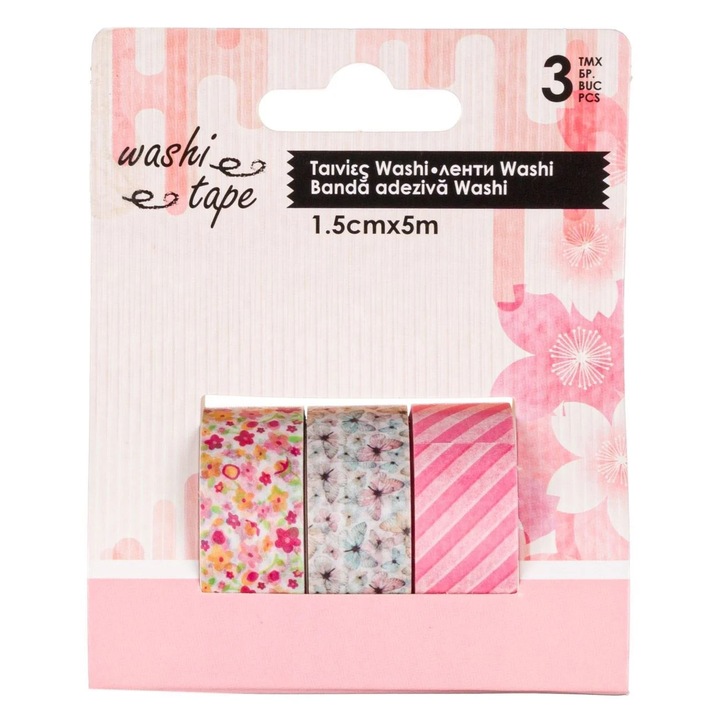 Banda Washi Tape Model Floral Dungi 5m x 1.5cm - 3buc